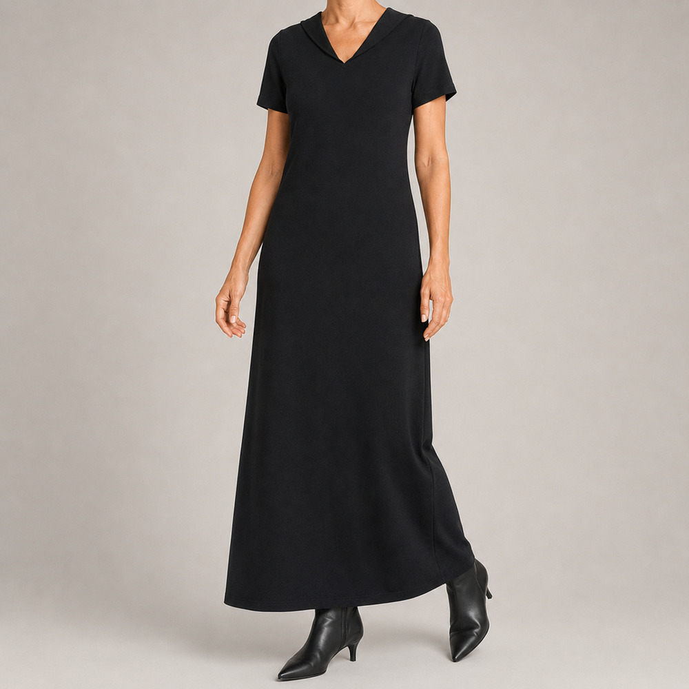 DKNY Size 8 Classic Black Wool Blend Maxi Dress Sailor Collar